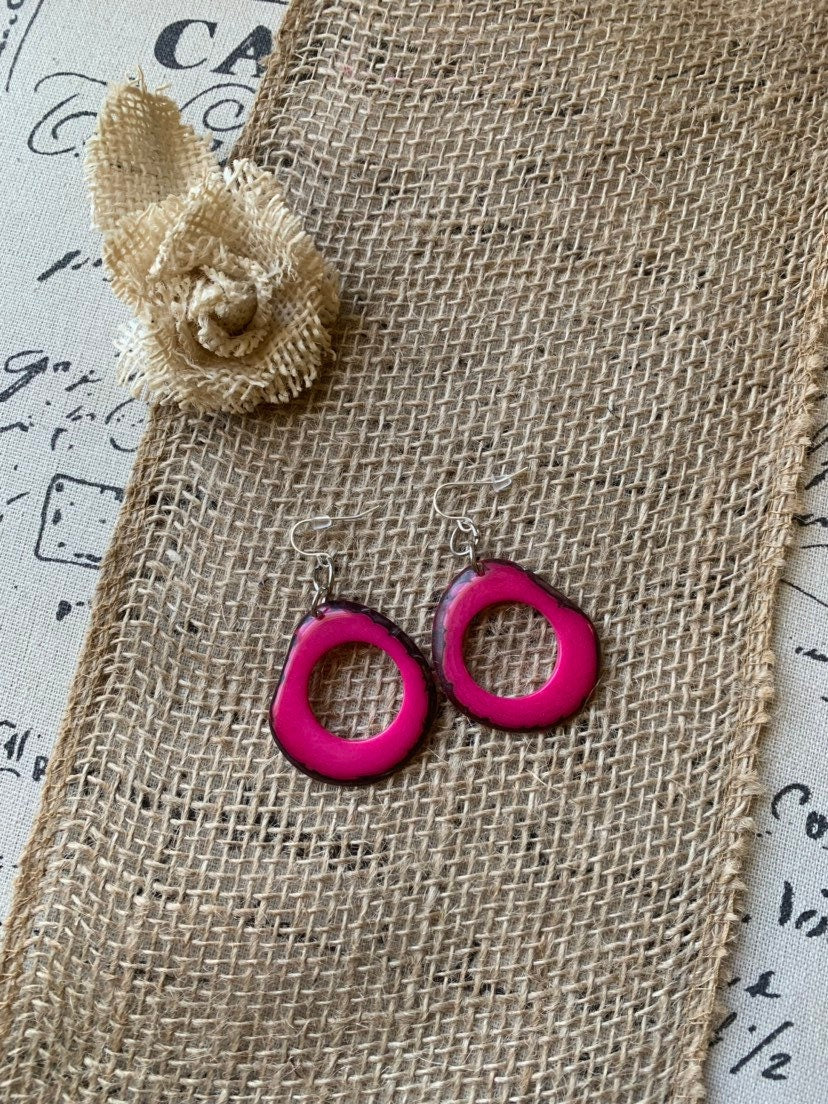 Tagua nut earrings Hot pink jewelry Boho earrings Mother’s Day gifts for wife Large mod hoops Anniversary gift ideas Spring fashion trend