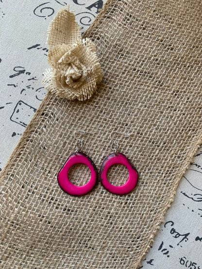 Tagua nut earrings Hot pink jewelry Boho earrings Mother’s Day gifts for wife Large mod hoops Anniversary gift ideas Spring fashion trend