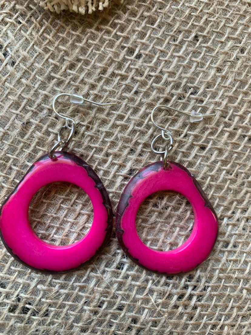 Tagua nut earrings Hot pink jewelry Boho earrings Mother’s Day gifts for wife Large mod hoops Anniversary gift ideas Spring fashion trend