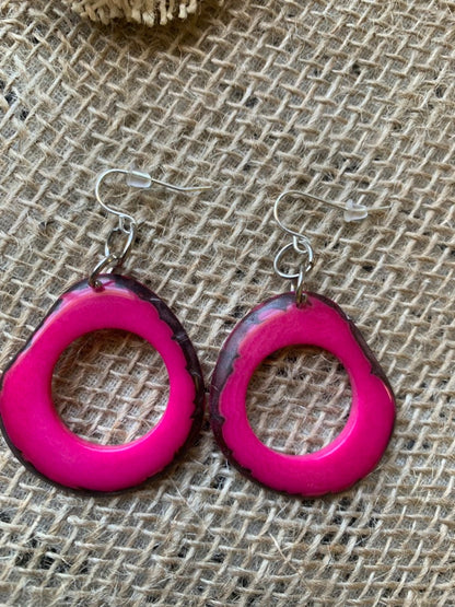 Tagua nut earrings Hot pink jewelry Boho earrings Mother’s Day gifts for wife Large mod hoops Anniversary gift ideas Spring fashion trend