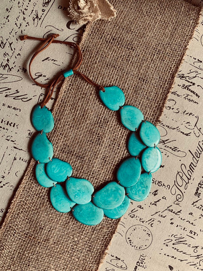 Turquoise statement necklace Wearable art Tagua jewelry Fall fashion trends Big bold necklaces Double strand necklace Artsy gifts