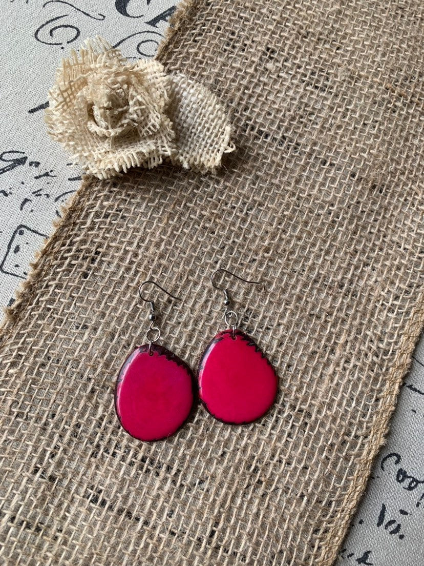 Hot pink earrings Big beaded earrings Tagua jewelry Statement earrings colorful Dangly earrings Chunky handmade jewelry Fall fashion