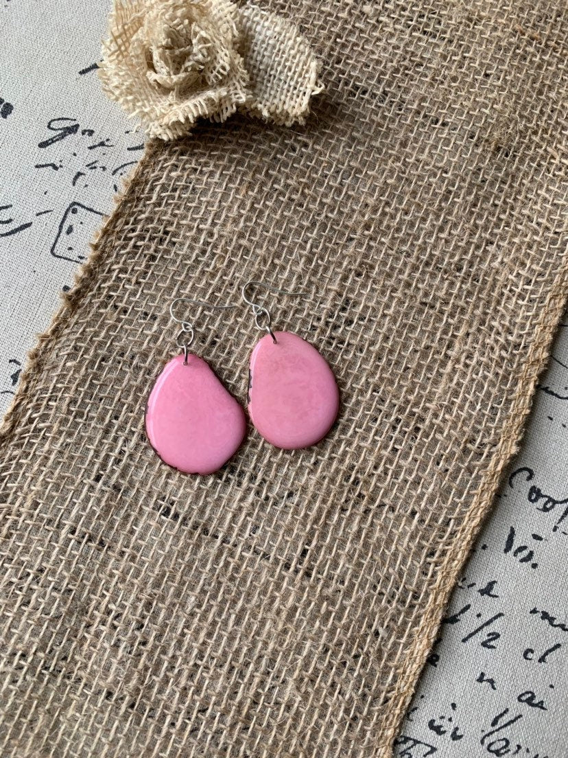 Tagua earrings Big pink earrings Handmade in Ecuador Statement dangle and drop earrings Artsy gifts Fall fashion Cruise wear Lightweight