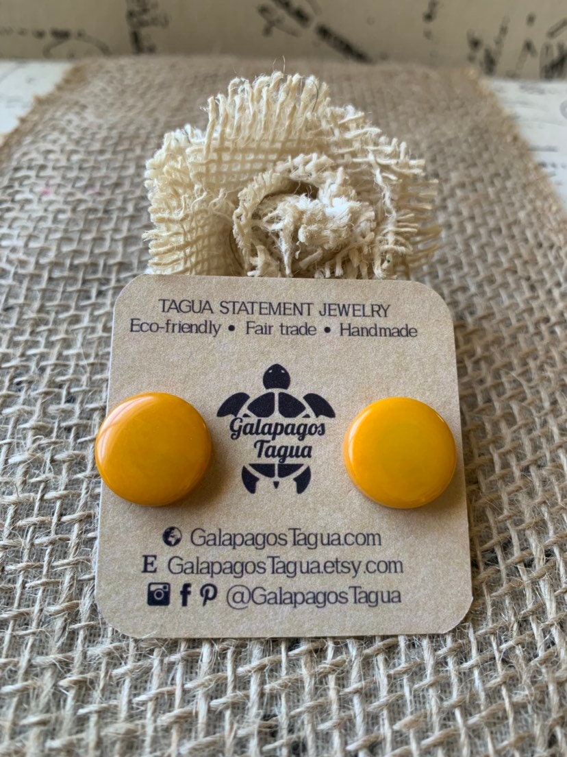 Yellow stud earrings Tagua jewelry Geometric round posts Fall fashion Gifts under 15 Hypoallergenic button earrings Handmade beaded