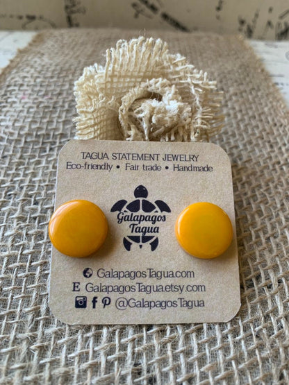 Yellow stud earrings Tagua jewelry Geometric round posts Fall fashion Gifts under 15 Hypoallergenic button earrings Handmade beaded