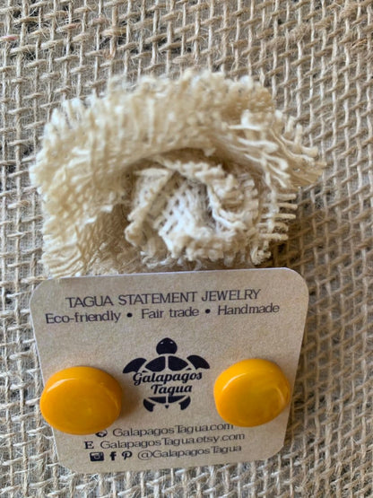 Yellow stud earrings Tagua jewelry Geometric round posts Fall fashion Gifts under 15 Hypoallergenic button earrings Handmade beaded