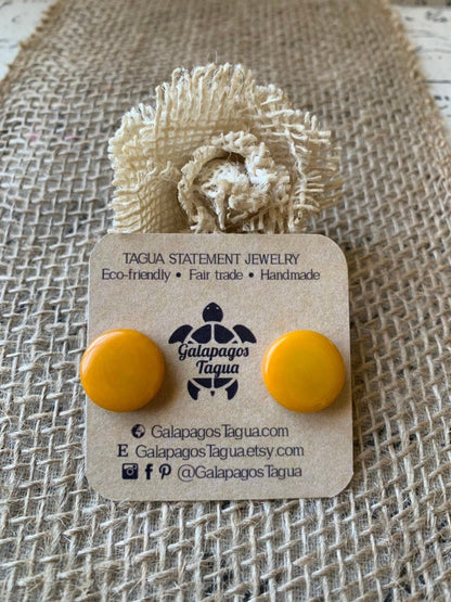 Yellow stud earrings Tagua jewelry Geometric round posts Fall fashion Gifts under 15 Hypoallergenic button earrings Handmade beaded