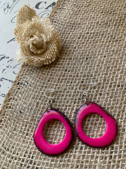 Tagua nut earrings Hot pink jewelry Boho earrings Mother’s Day gifts for wife Large mod hoops Anniversary gift ideas Spring fashion trend