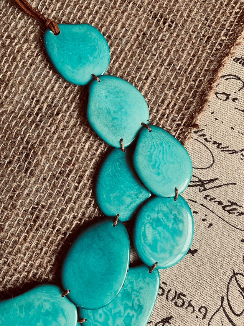 Turquoise statement necklace Wearable art Tagua jewelry Fall fashion trends Big bold necklaces Double strand necklace Artsy gifts