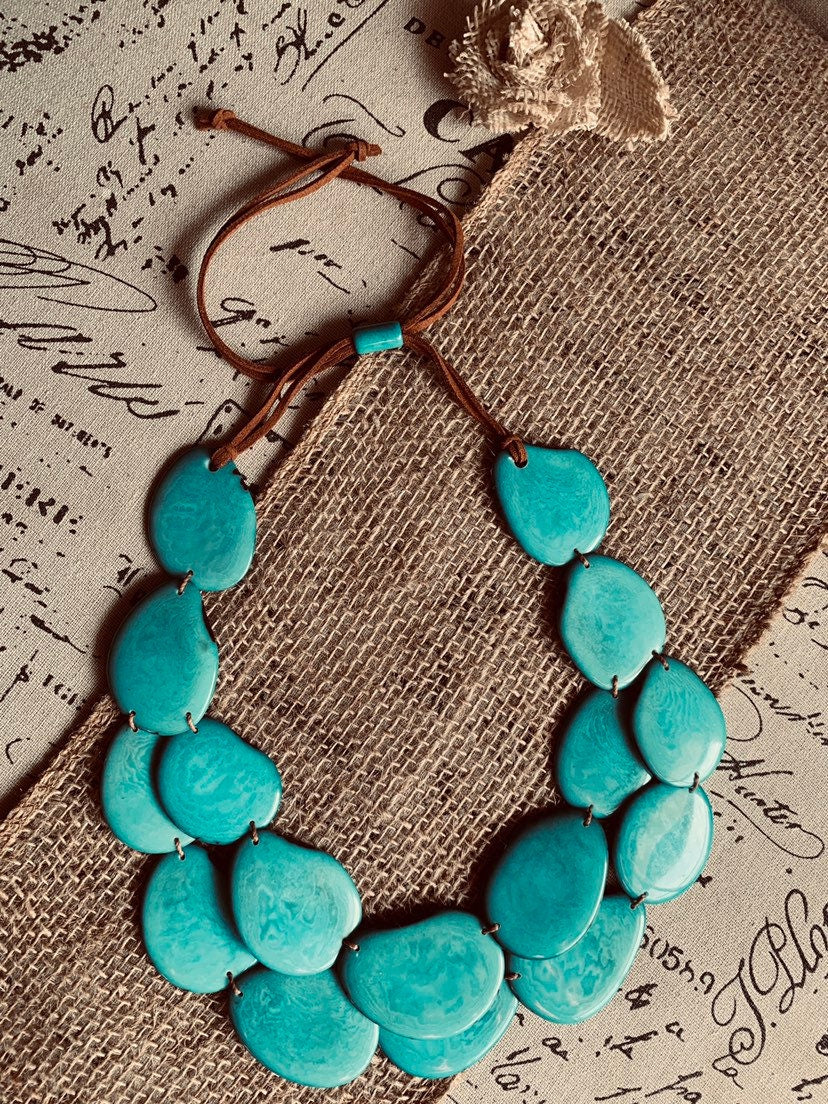 Turquoise statement necklace Wearable art Tagua jewelry Fall fashion trends Big bold necklaces Double strand necklace Artsy gifts