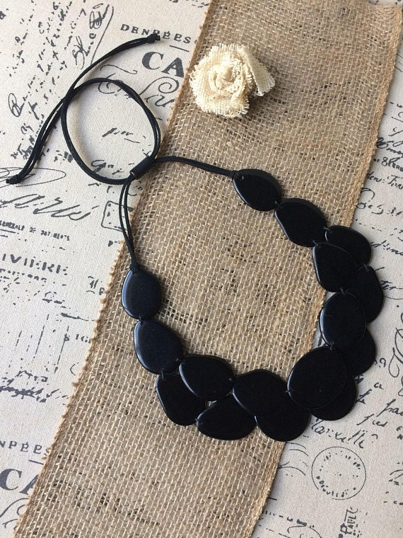 Black statement Necklace Tagua nut jewelry Big bold necklaces Adjustable cord Fall fashion Wearable art Multi layer beaded necklace