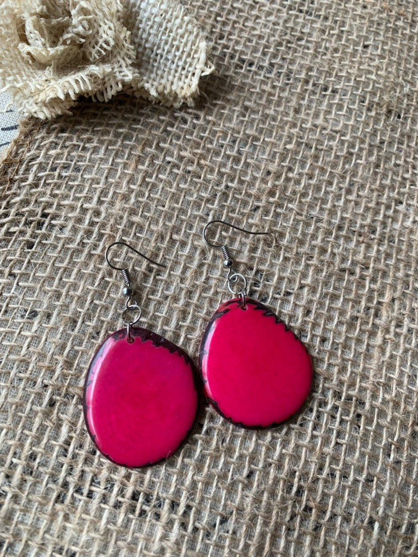 Hot pink earrings Big beaded earrings Tagua jewelry Statement earrings colorful Dangly earrings Chunky handmade jewelry Fall fashion