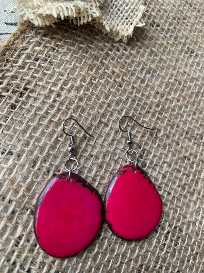 Hot pink earrings Big beaded earrings Tagua jewelry Statement earrings colorful Dangly earrings Chunky handmade jewelry Fall fashion