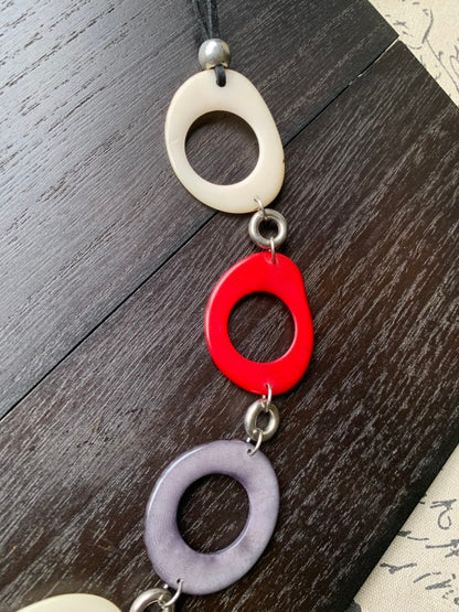 Tagua necklace Red white and gray statement necklace Wearable art Fall fashion 2025s Art to wear Fall trend 2025 Artisan handmade