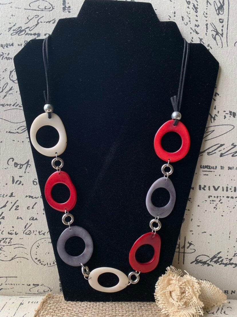 Tagua necklace Red white and gray statement necklace Wearable art Fall fashion 2025s Art to wear Fall trend 2025 Artisan handmade