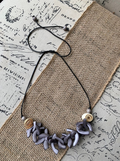 Gray beaded necklace with orange peel flowers Big bold necklaces Wearable art Mothers day gift Statement necklaces for women Adjustable cord