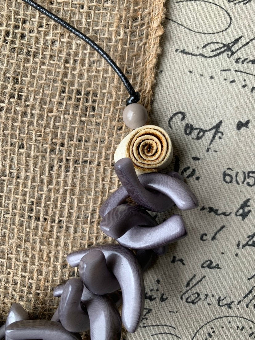 Gray beaded necklace with orange peel flowers Big bold necklaces Wearable art Mothers day gift Statement necklaces for women Adjustable cord