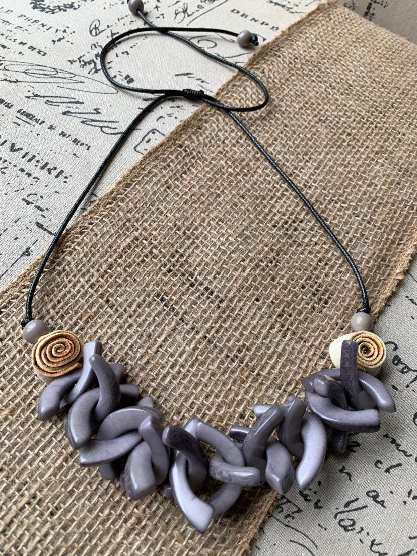 Gray beaded necklace with orange peel flowers Big bold necklaces Wearable art Mothers day gift Statement necklaces for women Adjustable cord