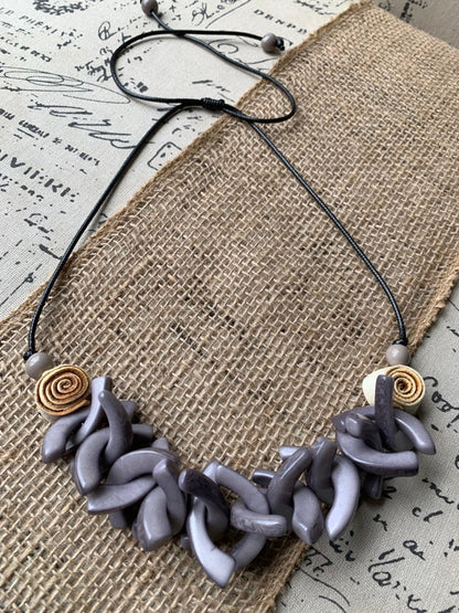 Gray beaded necklace with orange peel flowers Big bold necklaces Wearable art Mothers day gift Statement necklaces for women Adjustable cord