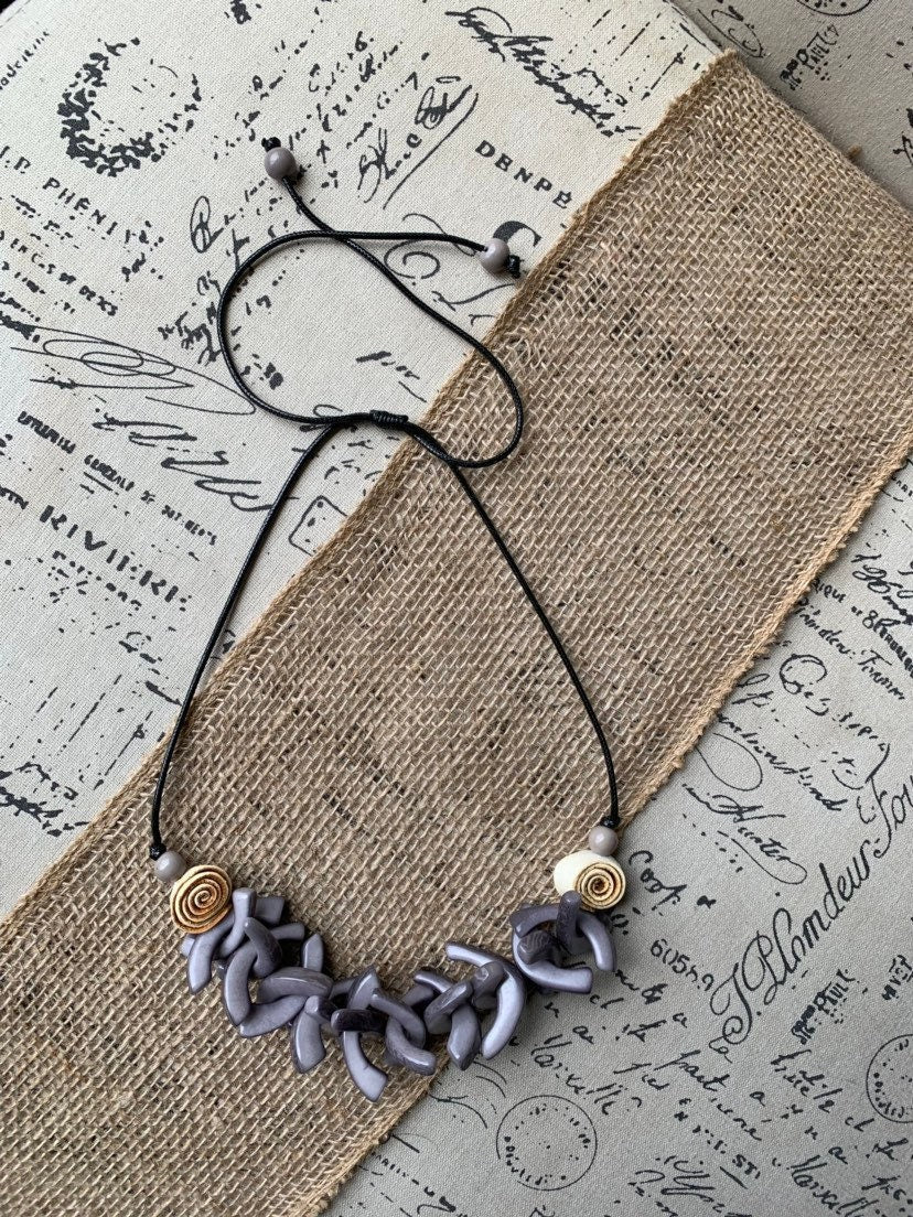 Gray beaded necklace with orange peel flowers Big bold necklaces Wearable art Mothers day gift Statement necklaces for women Adjustable cord