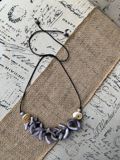 Gray beaded necklace with orange peel flowers Big bold necklaces Wearable art Mothers day gift Statement necklaces for women Adjustable cord