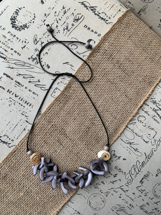 Gray beaded necklace with orange peel flowers Big bold necklaces Wearable art Mothers day gift Statement necklaces for women Adjustable cord