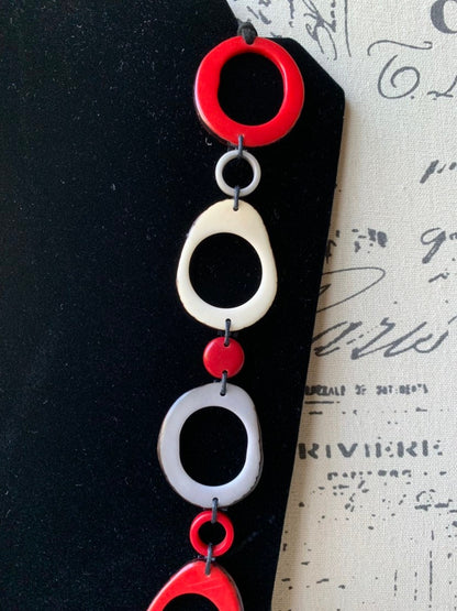Hand Carved Tagua Nut Necklace, Red White Gray Beaded Statement Jewelry, Artsy gifts