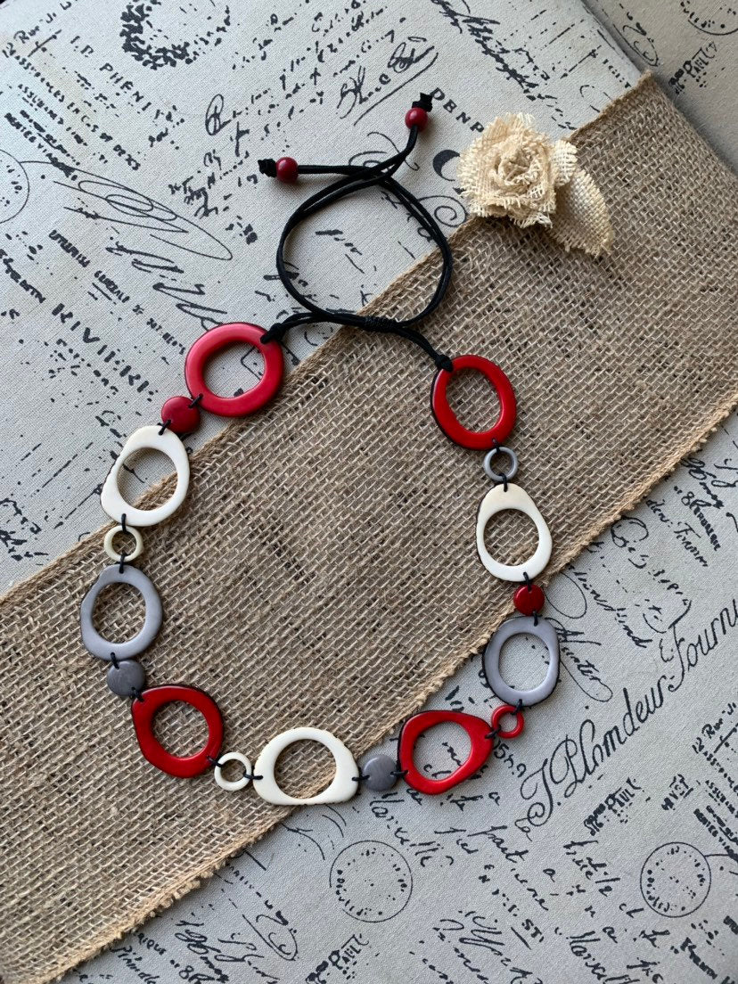 Hand Carved Tagua Nut Necklace, Red White Gray Beaded Statement Jewelry, Artsy gifts