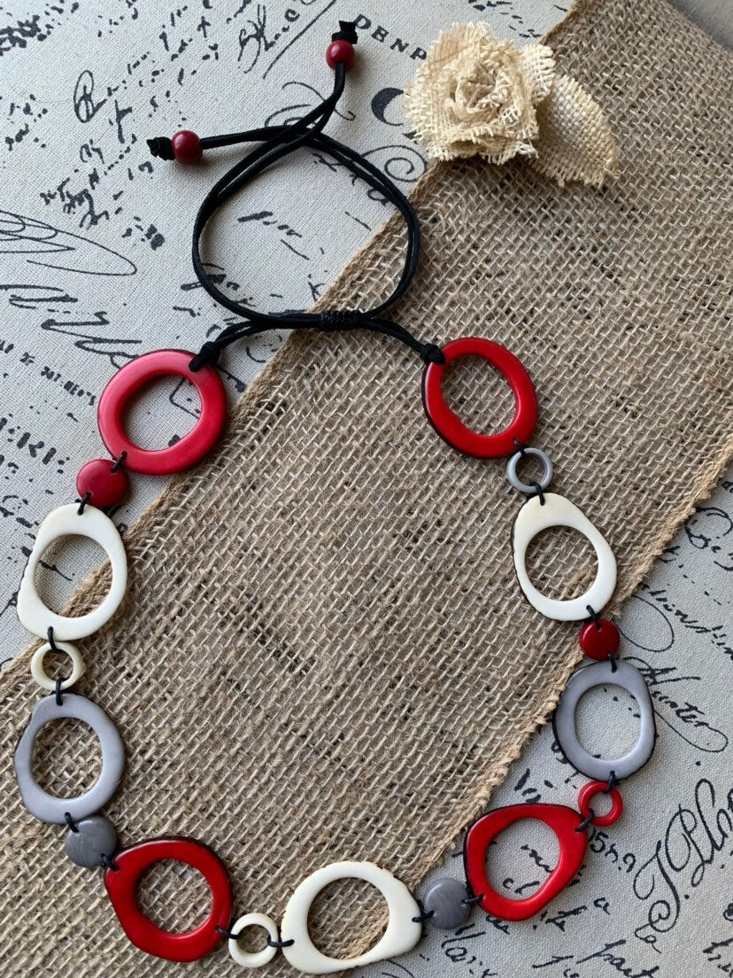 Hand Carved Tagua Nut Necklace, Red White Gray Beaded Statement Jewelry, Artsy gifts