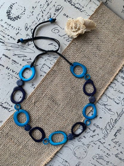 Turquoise blue necklace Statement geometric jewelry Handmade beaded necklace Adjustable cord Tagua jewelry Fall fashion Lightweight