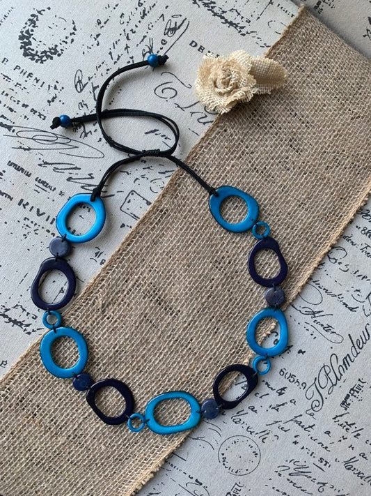 Turquoise blue necklace Statement geometric jewelry Handmade beaded necklace Adjustable cord Tagua jewelry Fall fashion Lightweight