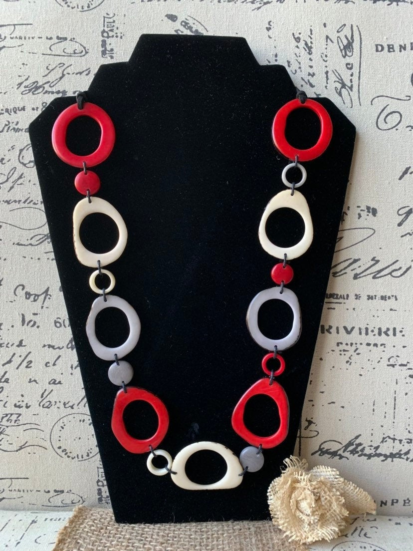 Hand Carved Tagua Nut Necklace, Red White Gray Beaded Statement Jewelry, Artsy gifts