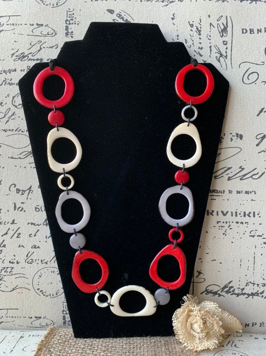 Hand Carved Tagua Nut Necklace, Red White Gray Beaded Statement Jewelry, Artsy gifts