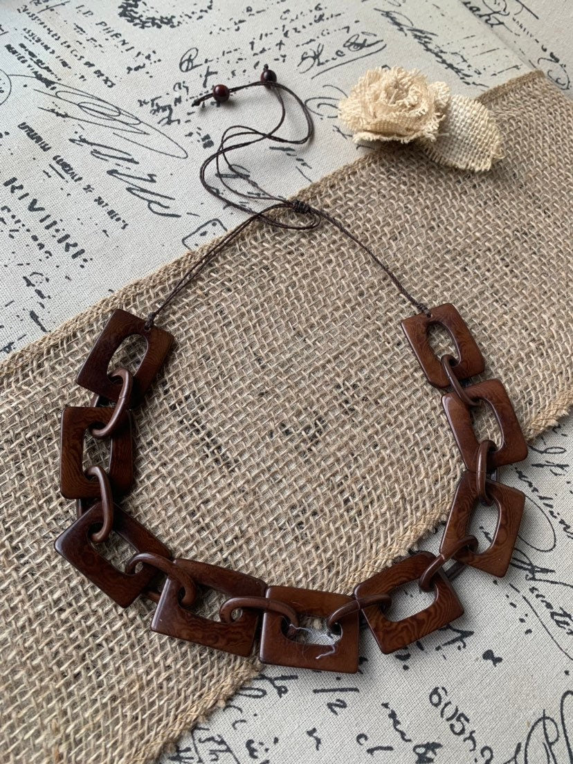 Brown chain link necklace Tagua jewelry Wearable art Fall fashion Elegant necklace Statement beaded necklace Adjustable cord Lightweight