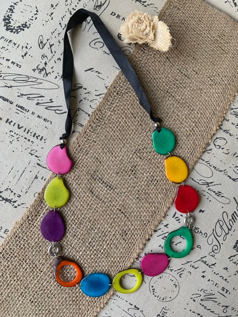 Multi color statement necklace Tagua jewelry Fall fashion Rainbow beaded necklace Wearable art Fashionable gifts Handmade beaded necklace