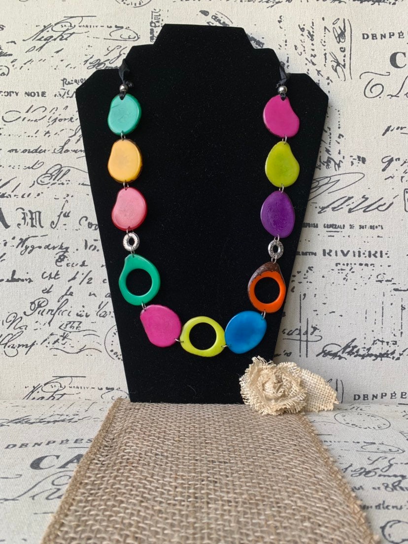 Multi color statement necklace Tagua jewelry Fall fashion Rainbow beaded necklace Wearable art Fashionable gifts Handmade beaded necklace