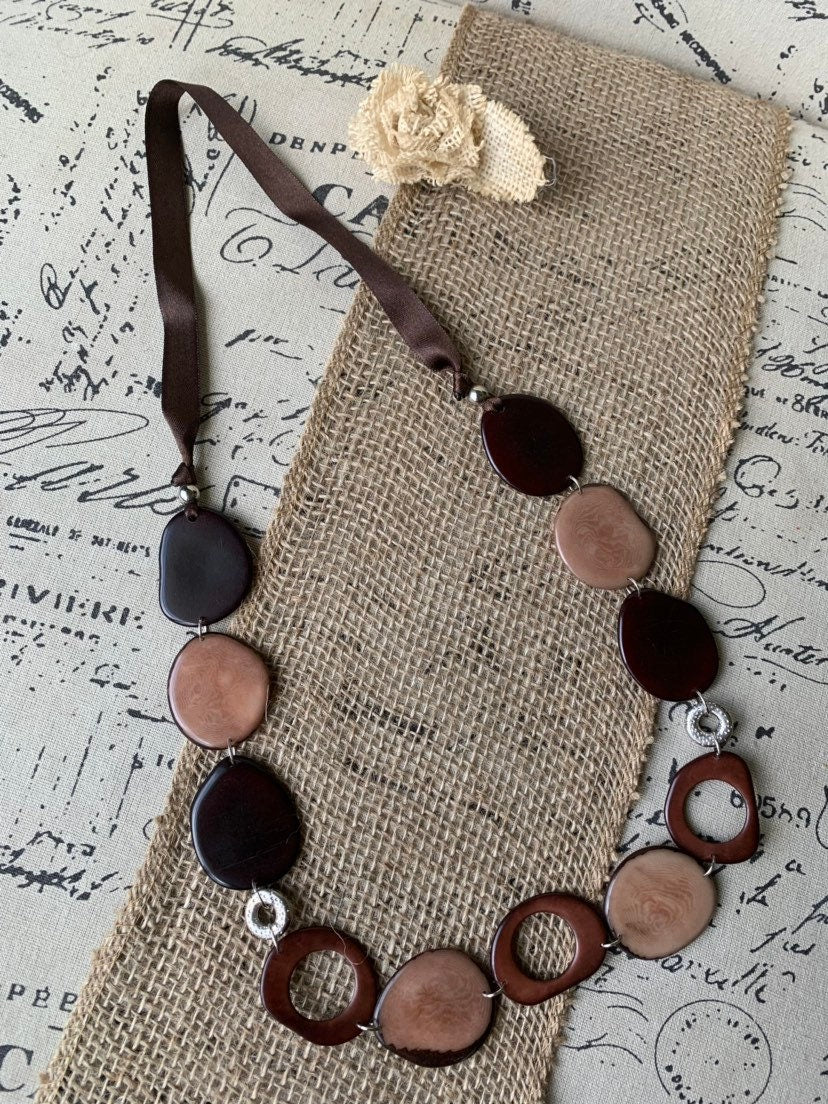 Tagua necklace Brown statement necklace Fall fashion 2025s Art to wear Big bold necklaces Lightweight necklace Wearable art Handmade beaded