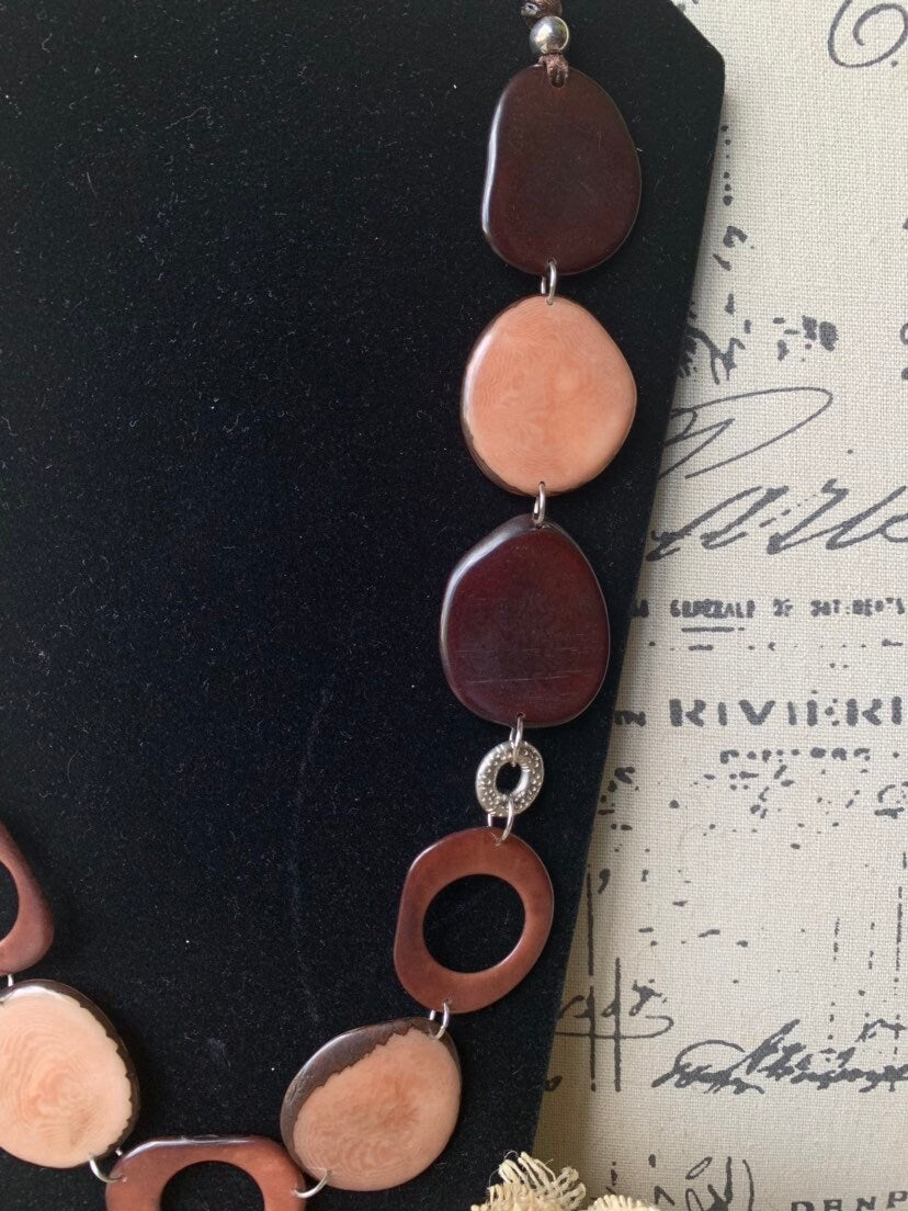 Tagua necklace Brown statement necklace Fall fashion 2025s Art to wear Big bold necklaces Lightweight necklace Wearable art Handmade beaded