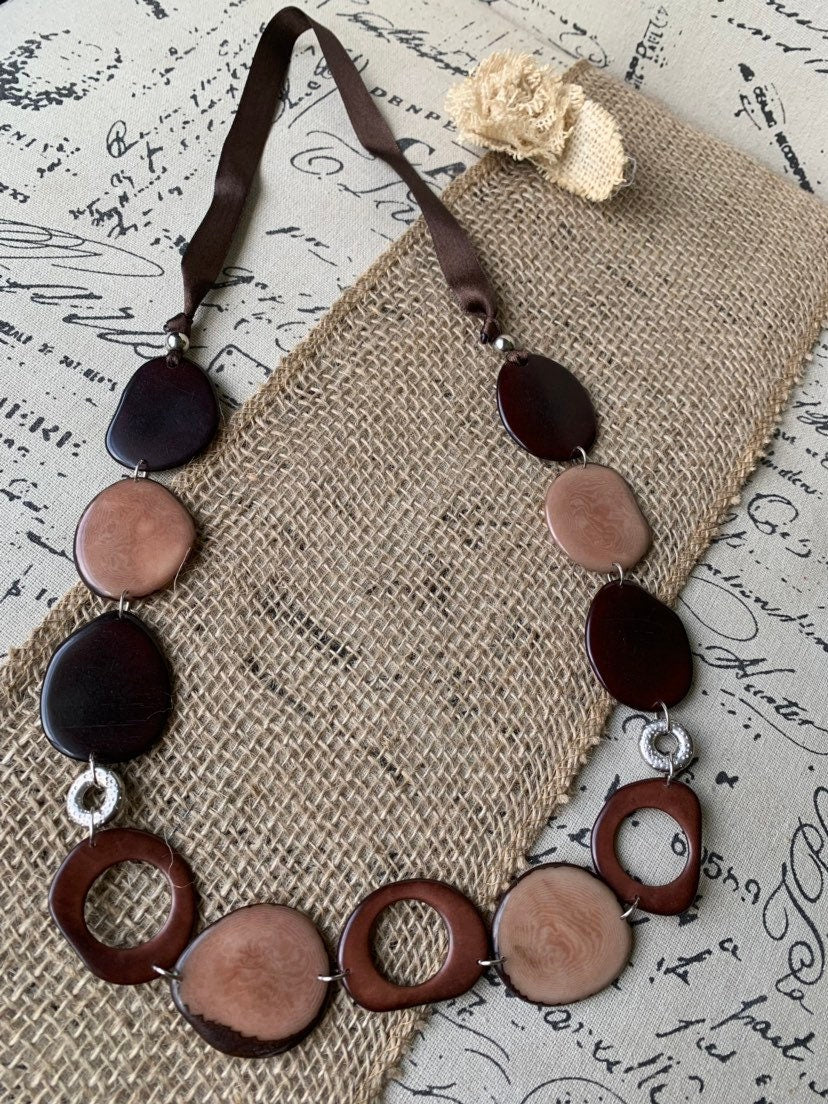 Tagua necklace Brown statement necklace Fall fashion 2025s Art to wear Big bold necklaces Lightweight necklace Wearable art Handmade beaded