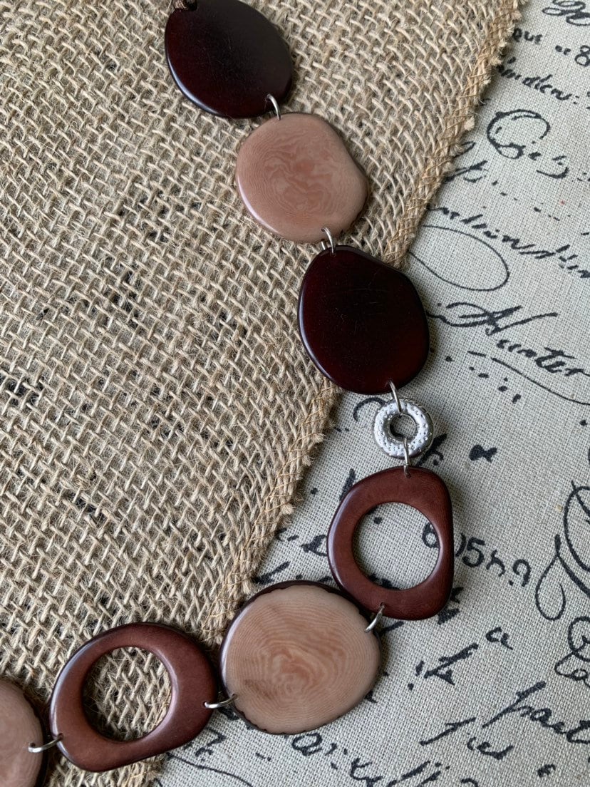 Tagua necklace Brown statement necklace Fall fashion 2025s Art to wear Big bold necklaces Lightweight necklace Wearable art Handmade beaded