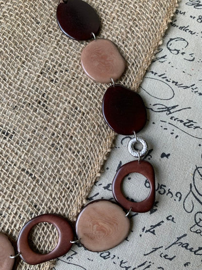 Tagua necklace Brown statement necklace Fall fashion 2025s Art to wear Big bold necklaces Lightweight necklace Wearable art Handmade beaded