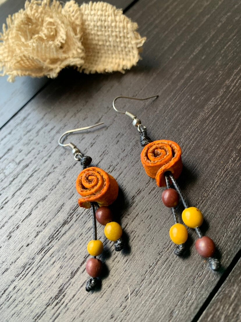 Orange Peel Rose Earrings: Tagua Seed Dangle Drop Floral Jewelry