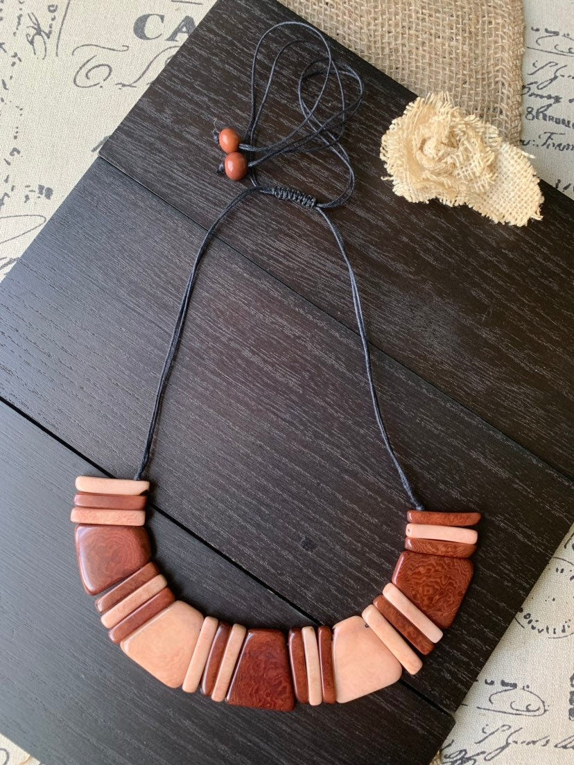 Brown bib necklace Tagua jewelry Fall fashion Artisan handmade necklace Adjustable cord Wearable art Art to wear Summer fashion