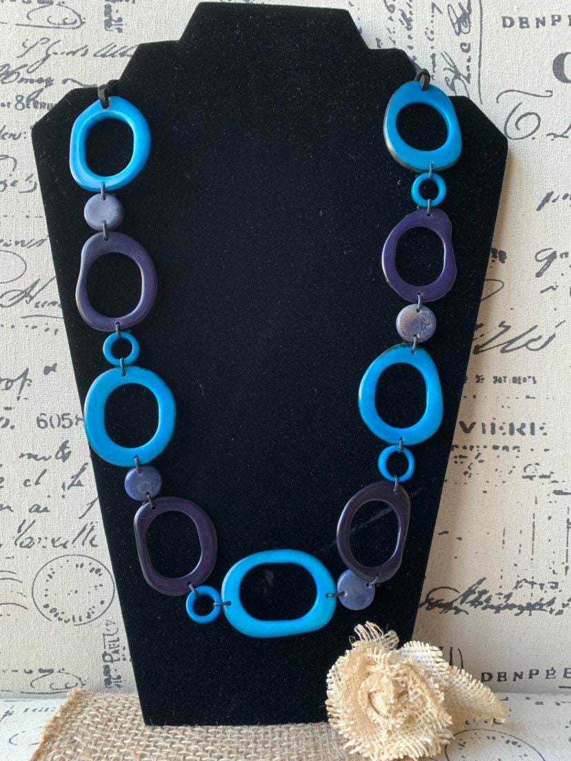 Turquoise blue necklace Statement geometric jewelry Handmade beaded necklace Adjustable cord Tagua jewelry Fall fashion Lightweight