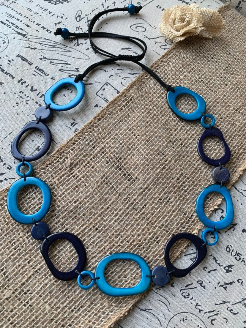 Turquoise blue necklace Statement geometric jewelry Handmade beaded necklace Adjustable cord Tagua jewelry Fall fashion Lightweight