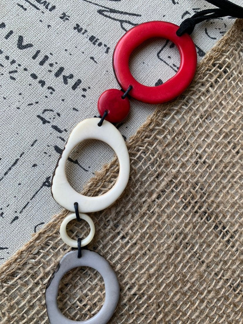 Hand Carved Tagua Nut Necklace, Red White Gray Beaded Statement Jewelry, Artsy gifts