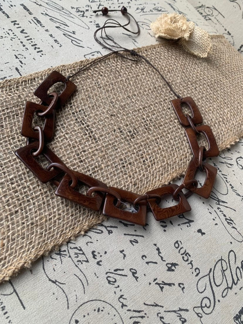 Brown chain link necklace Tagua jewelry Wearable art Fall fashion Elegant necklace Statement beaded necklace Adjustable cord Lightweight