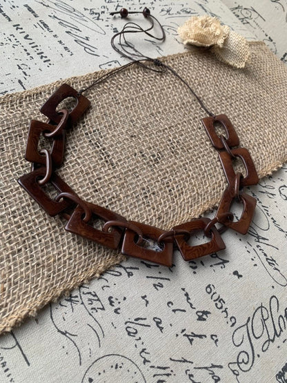 Brown chain link necklace Tagua jewelry Wearable art Fall fashion Elegant necklace Statement beaded necklace Adjustable cord Lightweight