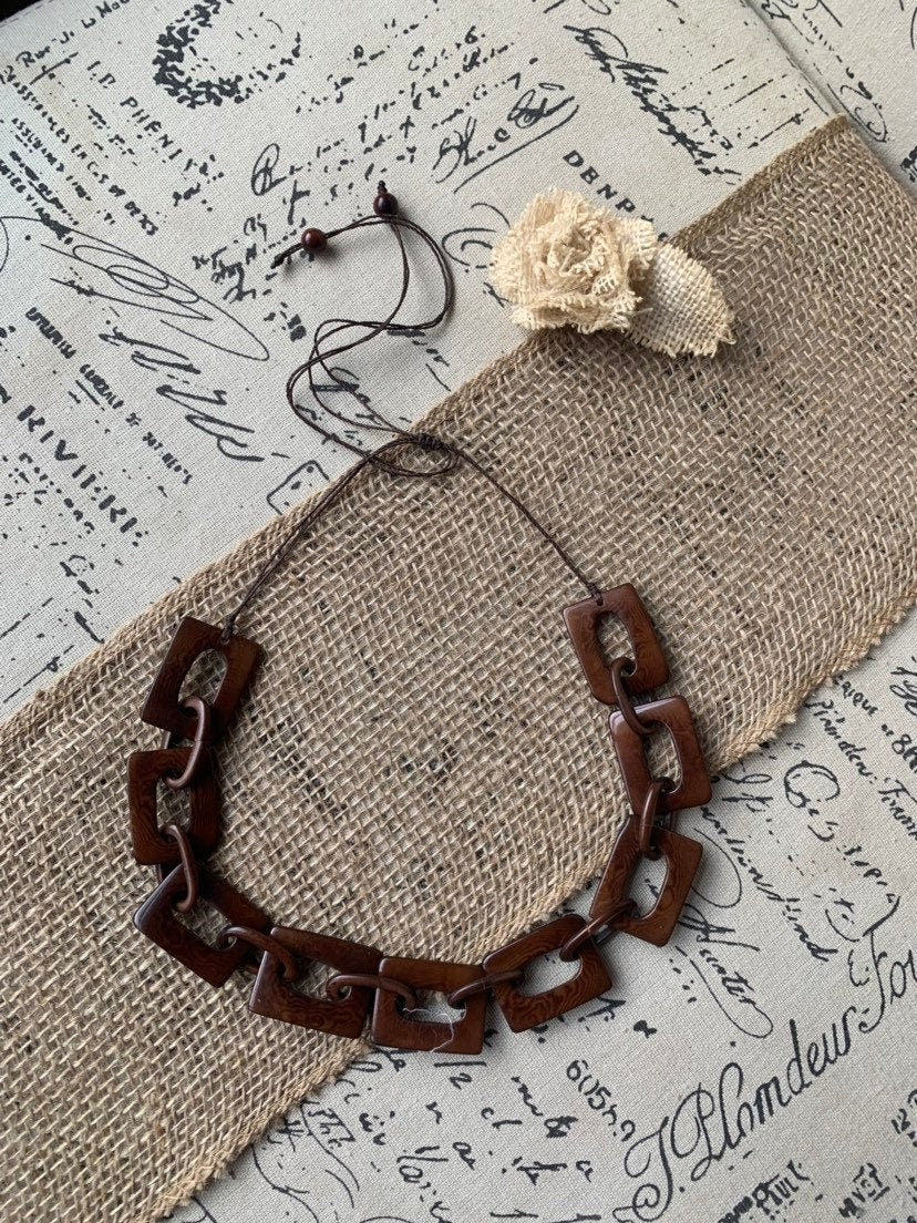 Brown chain link necklace Tagua jewelry Wearable art Fall fashion Elegant necklace Statement beaded necklace Adjustable cord Lightweight