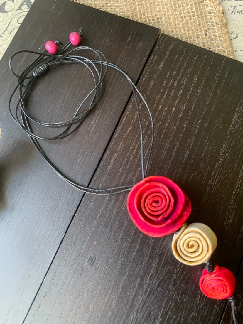 Hot pink flower pendant necklace Dainty rose necklace Floral necklace Adjustable cord Art to wear Artistic necklace Feminine artsy gifts